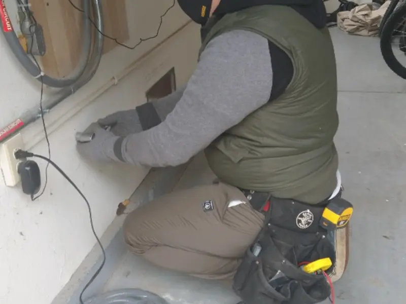 Electrician performing outlet wiring in a Oneida garage